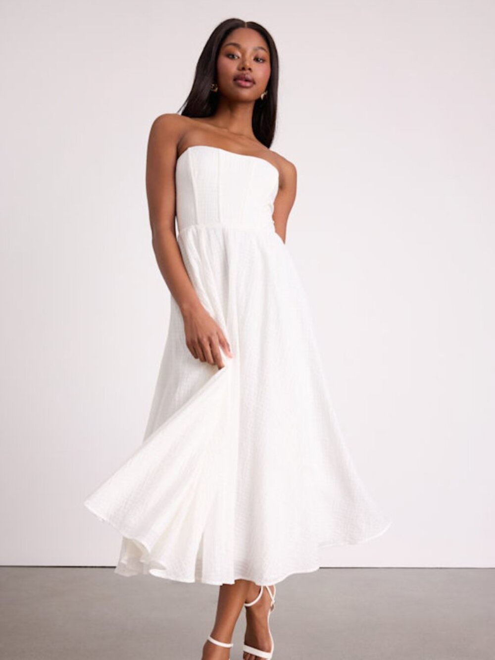 Lulus Pomelo White Textured Bustier Skater Midi Dress - Size XS